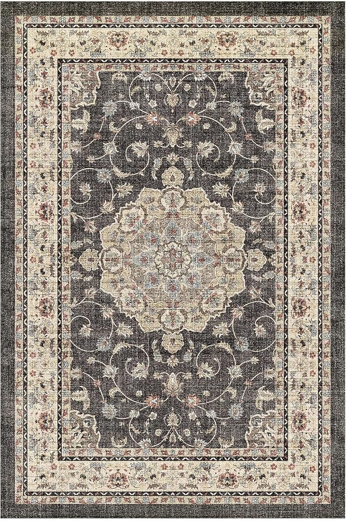 HUGEAR Entryway Machine Washable Area Rugs 2x3 Vintage Black Small Neutral Style Non Slip Stain Resistant Low Pile Throw Carpet for Hallway Kitchen Retro Aesthetic Modern Decor