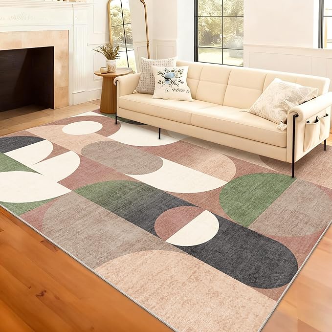 Large Modern Area Rugs 8x10 Washable Rug for Living Room Bedroom Dining Room,Retro Rust Orange Geometric Non Slip Carpet