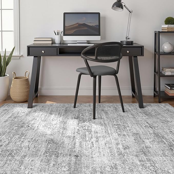 Grey Rug 8x10 Area Rugs: Washable Boho Large Vintage Neutral Soft Rug Stain Resistant Farmhouse Non-Slip Indoor Floor Carpet for Living Room Bedroom Playroom Office Dining Room Apartment Dorm