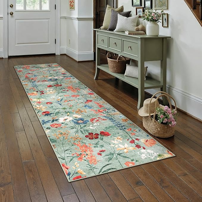 Floral Runner Rug 3x10 Washable Hallway Long Green Bedroom Carpet Non Slip Indoor Boho Kitchen Low Pile Accent Rug Lightweight Soft for Bathroom Dining Laundry Living Room