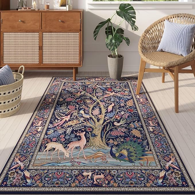 Rugcomf 3x5 Rug Vibrant Tree of Life-Patterned Vintage Non Slip Low Pile Small Carpet for Bedroom Bedside Kitchen Entryway Kids Room Office College Dorm Essentials for Girls, Blue
