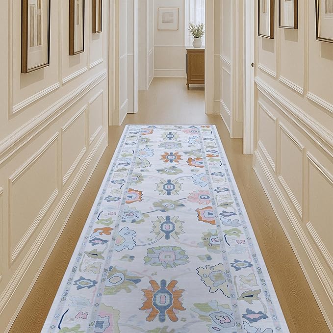 Fame Living Cream Oushak Runner Rug, Modern Runners, Vintage, Turkish, Eclectic, Floral, Pastel, Washable, Runner for Hallway, Kitchen, Bedroom, Bathroom, 2'5"x9'8"