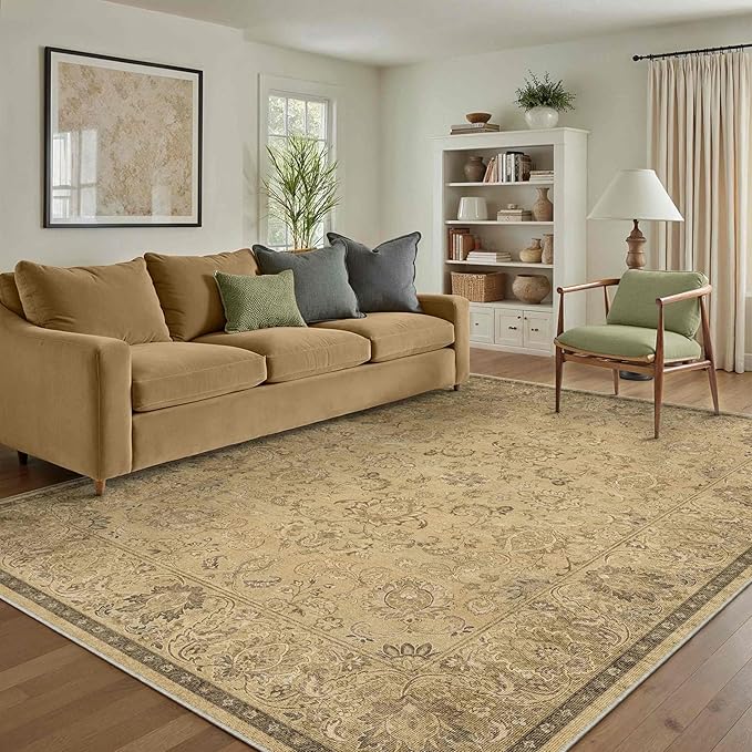 HUGEAR 5x7 Machine Washable Area Rugs Vintage Brown - Neutral Living Room Bedroom Rug Non Slip Stain Resistant Low Pile Aesthetic Throw Carpet Kids & Pet Friendly