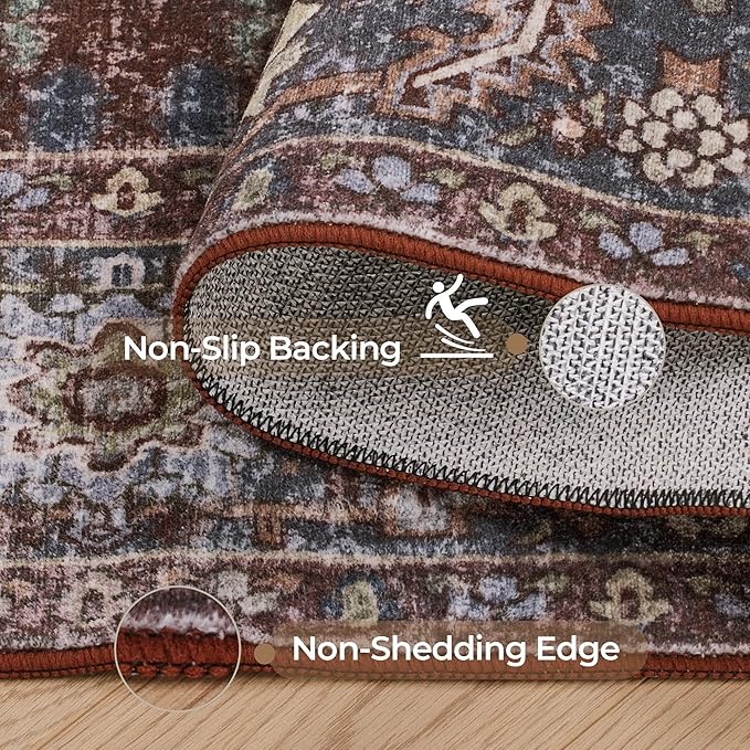 Kokia 8x10 Maroon Area Rugs with Vintage Orient Design, Soft Washable Rug for Living Room or Bedroom, Non-Slip Low Pile Stain Resistance Features, Medallion Pattern