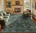 9x12 Floral Washable Area Rug for Living Room, Vintage Boho Large Rugs for Bedroom Dining Room, Botanical Birds Non Slip Low Pile Forest Throw Carpet for Farmhouse Office, Retro Green/Blue