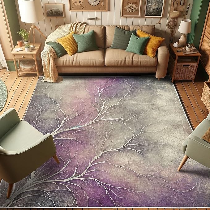 Ambesonne Branches Decorative Rug, Modern Abstract Concept Dreamy Clouds Back Leafless Tree Silhouette, Quality Carpet for Bedroom Dorm and Living Room, 4' X 5' 5", Pale Purple Grey Mauve