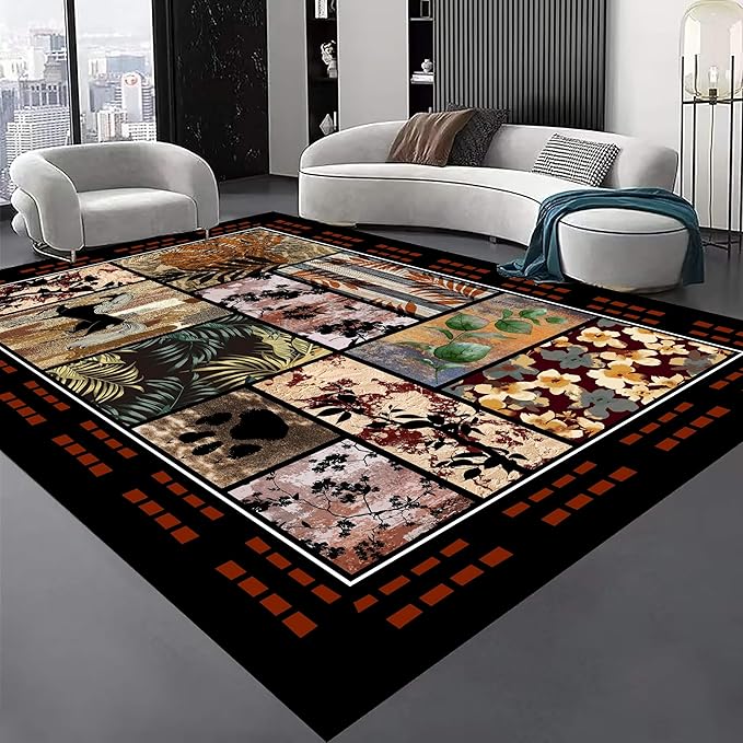 Rustic Cabin Area Rug 2x3ft, Animal & Moroccan Plaid Pattern Vintage Boho Carpet, Stain-Resistant Pet-Friendly & Non-Slip Low Pile for Living Room, Bedroom, Dining Room