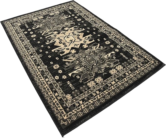 Unique Loom Taftan Collection Border Geometric Tribal Inspired Design Area Rug (4' 0 x 6' 0 Rectangular, Black/ Gray)