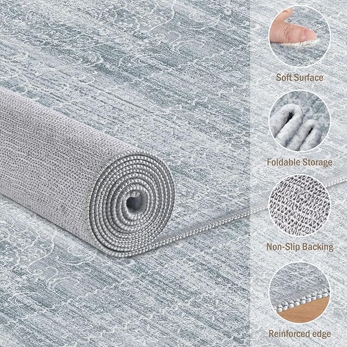 10x12 Area Rug Living Room: Washable Large Vintage Blue Rug Neutral Non-Slip Soft Stain Resistant Indoor Carpet for Bedroom Nursery Dining Room Under Table Bed Home House Office Playroom