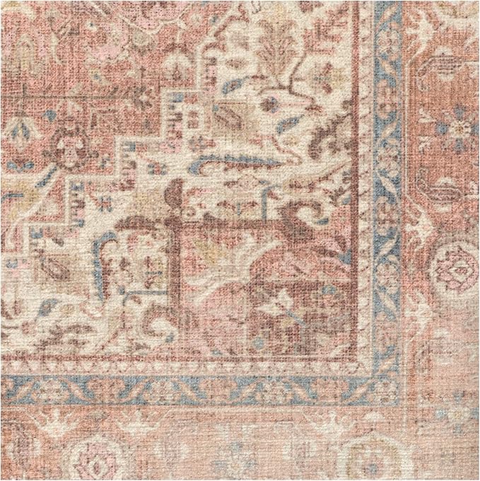 RUGGABLE Washable Area Rug – Kamran Rose Pink 6 ft Round, Stain-Resistant, Non-Slip – Medium Machine Washable Rugs for Living Room, Bedroom, Hallway, Entryway & Office–with Standard Pad