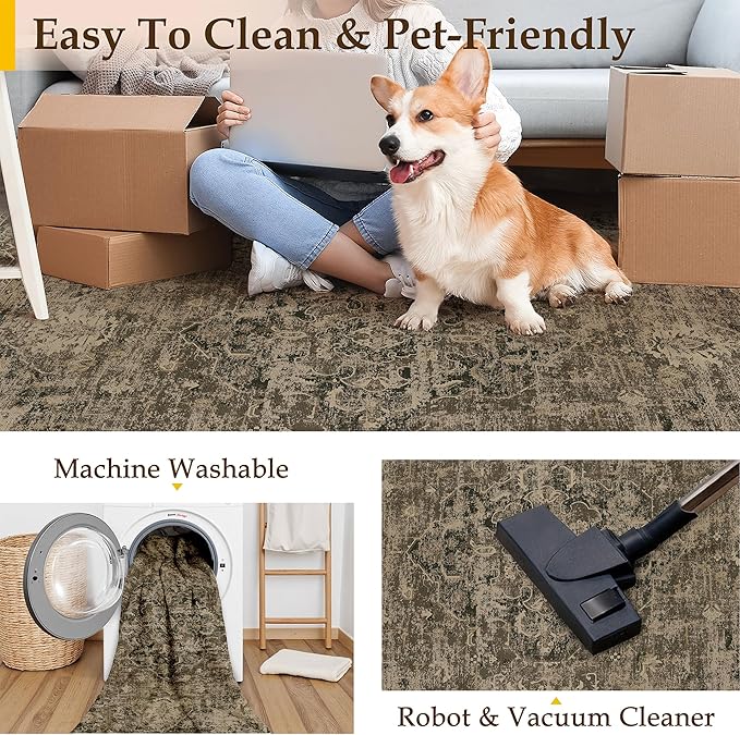 Hallway Runner Rug 2x6 Washable Brown Vintage Distressed Long Runner Oriental Soft Thin Indoor Carpet Non Slip Low Pile Throw Rug for Kitchen Bedroom Laundry Bedside Entryway