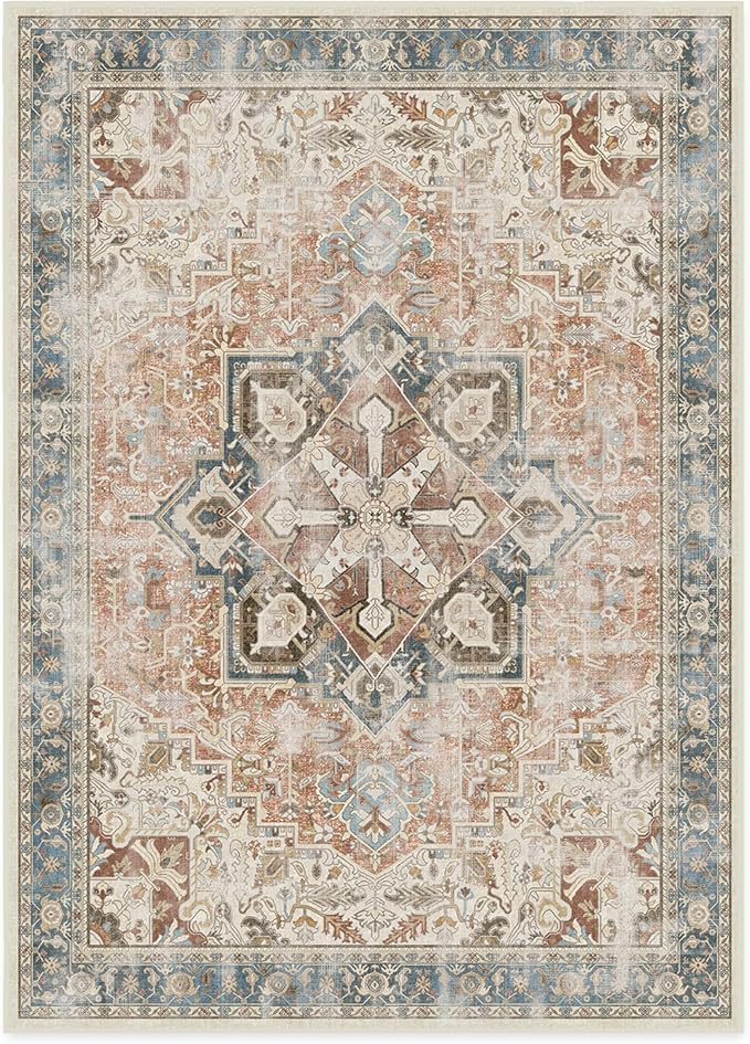 RUGGABLE Washable Vintage Area Rug – Kamran Coral 10x14, Stain-Resistant, Non-Slip – Large Machine Washable Rugs for Living Room, Bedroom, Hallway, Entryway & Office–with Standard Pad