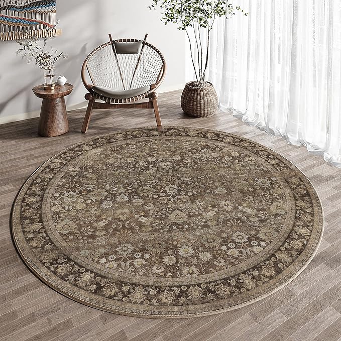 HUGEAR Round Rug 4ft Entryway Rugs Machine Washable Brown Hallway Area Rug 4x4 Small Circle Accent Rug Floral Low Pile Carpet Soft Throw Rug Living Room Office Laundry Room Entrance Non Slip