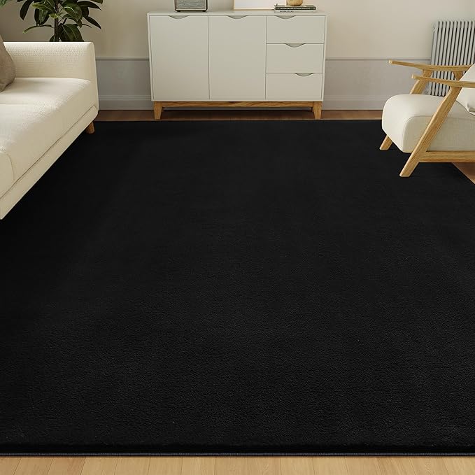 Solid Washable Area Rug - 3x5 Medium Pile Faux Cashmere Carpet for Living Room Bedroom, Black