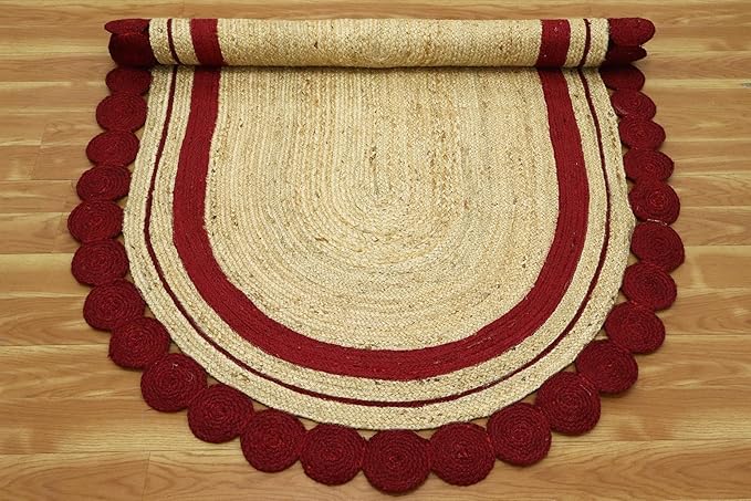 2.6x12 Oval Jute Runner – Handmade Boho Jute Runner, 0.27" Thick Flatweave, Solid Red Beige, Hand Braided Oval Rug for Staircase, Hallway, Entryway, Corridor