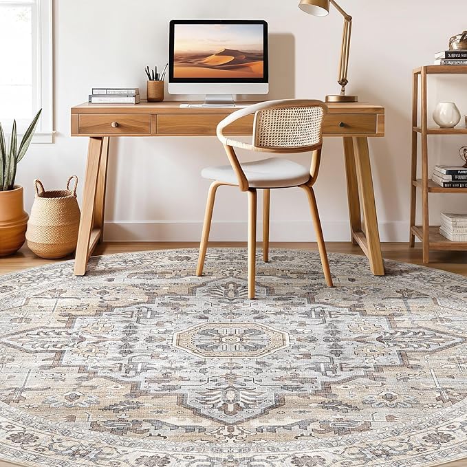 Round Rug Living Room Rugs: 8x8 Washable Boho Neutral Large Circle Soft Indoor Distressed Stain Resistant Floor Farmhouse Carpet for Bedroom Nursery Kids Playroom Office Dining Room Dorm- Cream Gray