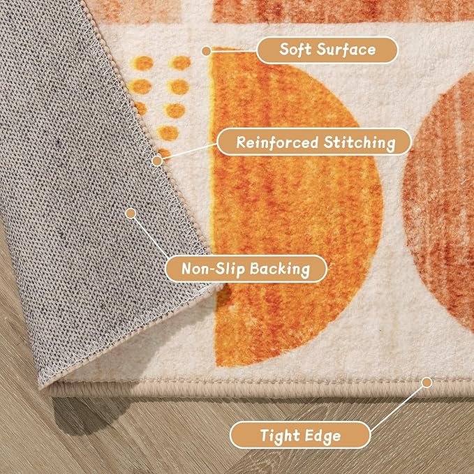 MUJOO Boho Rug Washable,3x5 Area Rugs for Bedroom Entryway Living Room Bedside,Small Throw Floor Carpet Non Slip Soft Indoor Modern Abstract Bohemian Orange