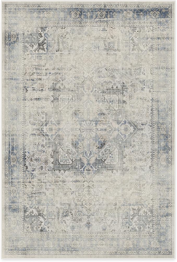 RUGGABLE Washable Vintage Area Rug – Kamran Blue Quartz 6x9, Stain-Resistant, Non-Slip – Medium Machine Washable Rugs for Living Room, Bedroom, Hallway, Entryway & Office–with Cushioned Pad