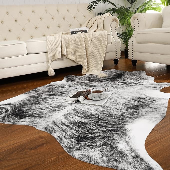 AROGAN Western Decor Faux Fur Cowhide Rug, 3.6 x 2.3 Feet Premium Animal Skin Cow Hide Rug, Sturdy Cow Print Rugs for Wall Decor, Western Floor Carpet for Bedroom Living Room, Black and Grey