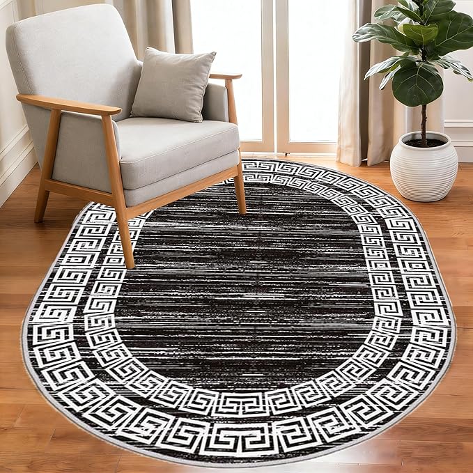 Minimalist Distressed Black Off White Greek Key Pattern Bordered Rug 3x5 for Liivng Room Bedroom Dining Room Soft Non Skid Washable Large Rugs Nursery Dorm Kitchen Rustic Classic Indoor Oval Carpet