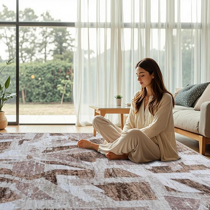 8X10 Area Rugs for Living Room Bedroom,Modern Abstract Large Carpet Washable Rugs 8x10 for Dining Room Office,Non Slip Brown Print Faux Wool Thin 8 by 10 Indoor Nursery Kids Home Pet & Child Friendly