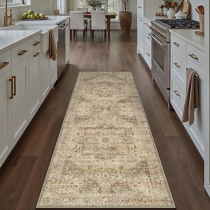 Brown Multi Hallway Runner Rug 2x6 Vintage Washable Distressed Area Carpet Kitchen Indoor Non Slip Long Traditional Medallion Retro Accent Throw Rug for Bedroom Laundry Dining Living Room