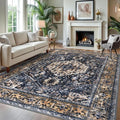 KOZYFLY Boho Area Rug 8x10 Ft Thin Rugs for Living Room Washable Bedroom Rug Non Slip Rugs for Living Room Gold Navy Printed Faux Wool Vintage Bedroom Rug Floor Carpet for Dining Room