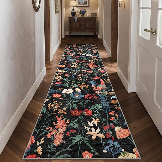 Floral Runner Rug 2x10 Washable Hallway Long Black Bedroom Carpet Non Slip Indoor Boho Kitchen Low Pile Accent Rug Lightweight Soft for Bathroom Dining Laundry Living Room