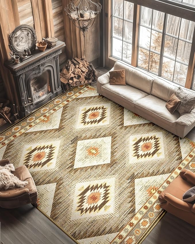 Area Rug 10x12 Rug Machine Washable Non-Slip Low Pile Print Pattern Western Rug for Living Room Bedroom Entryway Tribal Series-Cream/Camel