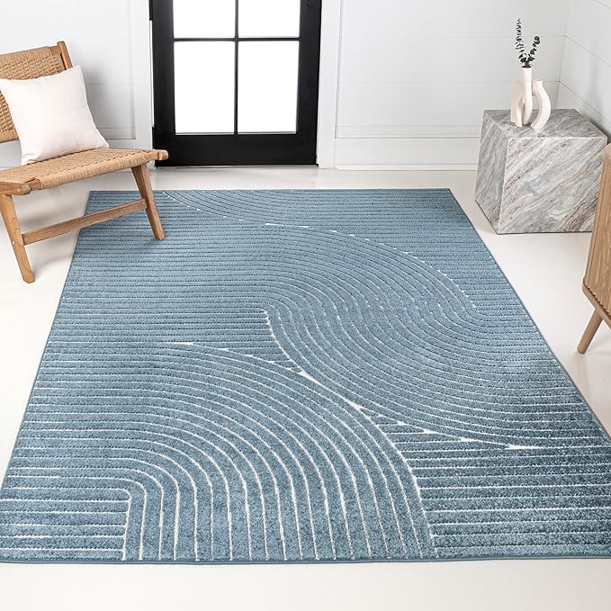 JONATHAN Y Hallie High-Low Curve Dark Blue/Cream 3x5 Indoor/Outdoor Area Rug, Minimalist Geometric, Pet Friendly, for Patio, Backyard, Living Room, Bedroom, Office, Hose-Washable (SCN100C-3)