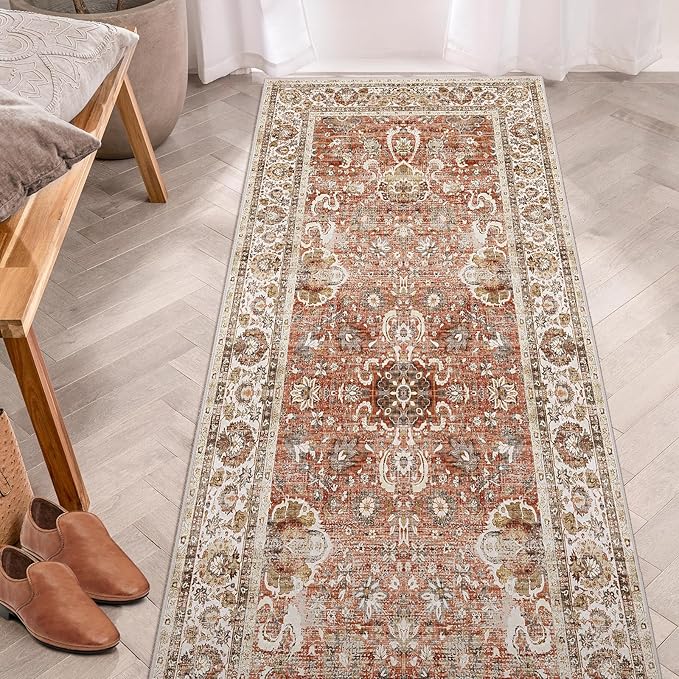 Deerly Vintage Runner Rug 3x7 Runner Rugs for Hallway Non-Slip Kitchen Runner Rug with Rubber Backing Washable Rug Runner for Bedroom Distressed Brick Red