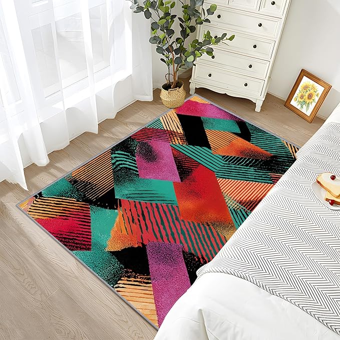 Geometric Rug - 2x3 Area Rugs, Colorful Patchwork Art Entryway Rug, Abstract Retro Aesthetic Low Pile Fade Resistant Indoor Small Mats Home Decor #C027