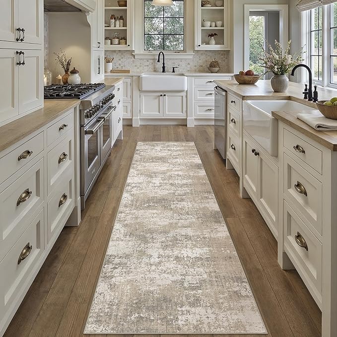 Runner Rug 2x8 Beige Machine Washable Modern Abstract Hallway Carpet Non Slip Neutral Long Carpet Low Pile Soft Non Shedding Contemporary Rug for Bathroom Laundry Kitchen Bedroom