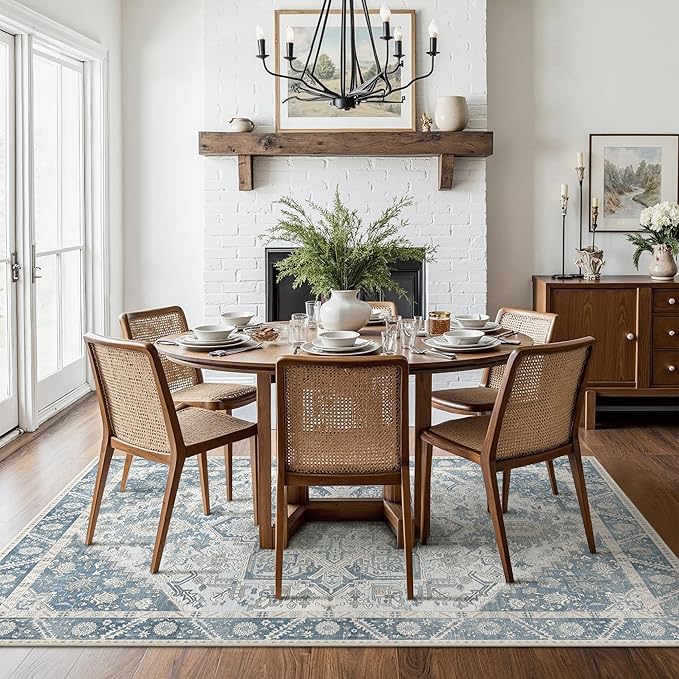 5x7 Area Rug Machine Washable Boho Rug for Living Room,Ultra-Thin Low Pile Carpet,Lightweight Indoor Printed Rug,Non Slip Floral Area Rug for Bedroom, Dining Room, Home Office,Light Blue