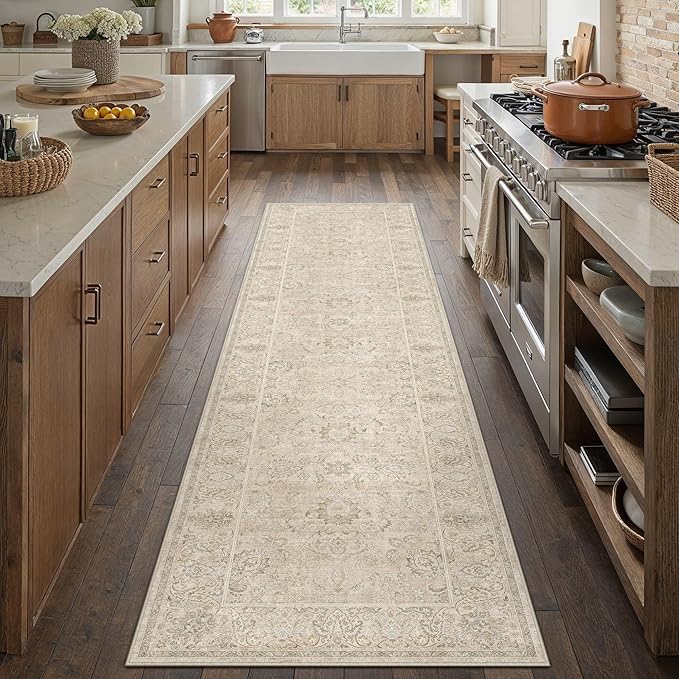 HUGEAR 2x8 Machine Washable Hallway Runner Rugs Vintage Beige - Neutral Non Slip Stain Resistant Low Pile Aesthetic Throw Carpet Kids & Pet Friendly for Bedroom Kitchen Entryway