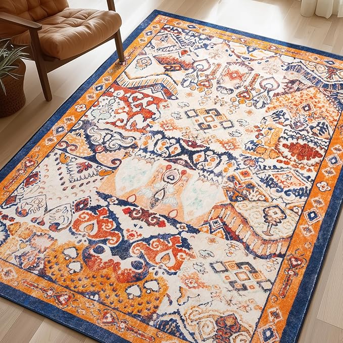 Phantoscope Washable Area Rug 4'x6' Non-Slip, Vintage Boho Rugs for Living Room, Bedroom, Dining Room, Distressed Persian Market Pattern, Low-Pile Foldable Floor Carpet, Navy/Orange