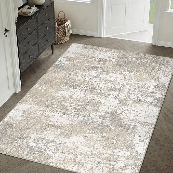 Modern Abstract Beige Gray Area Rug 3x5 Entryway Machine Washable Office Carpet Kitchen Door Mat Indoor Accent Throw Low Pile Non Slip Distressed Living Dining Laundry Room Bedroom