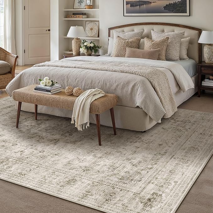 HUGEAR Washable 6x9 Area Rugs Retro Beige Living Room Bedroom Rug Vintage Distressed Non Slip Stain Resistant Low Pile Neutral Throw Carpet for Home Decor