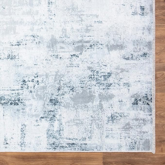 Bloom Rugs Caria Washable Non-Slip 5x7 Rug - Ivory/Silver/Blue Modern Abstract Area Rug for Living Room, Bedroom, Dining Room, and Kitchen - Exact Size: 5' x 7'