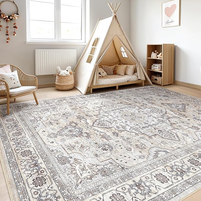7x10 Area Rug Living Room: Washable Boho Large Neutral Vintage Soft Rugs Stain Resistant Farmhouse Non Slip Indoor Floor Carpet for Bedroom Nursery Kids Playroom Office Dining Room- Ivory Gray