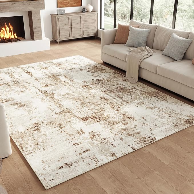 FMFUNCTEX 4x6 Washable Area Rug Brown Beige Abstract Modern Neutral Non Slip Low Pile Indoor Carpet Soft Thin Throw Rug for Entryway Entrance Living Room Bedroom Dining Office Nursery Kitchen Laundry