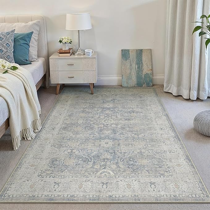 6x9 Blue Washable Area Rug for Living Room Bedroom Neutral Soft Non Slip Rug Low Pile Vintage Distressed Carpet for Dining Room Nursery Office Indoor