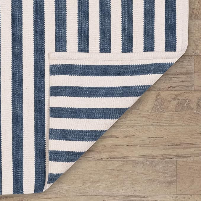 Home Conservatory Ladder Stripe Navy/Ivory Handwoven Wool 6 X 9 Feet, Blue/Ivory Stripe Pattern