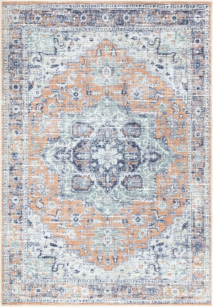 Bloom Rugs Washable Non-Slip 3' x 5' Rug - Peach/Blue Traditional Area Rug for Living Room, Bedroom, Dining Room, and Kitchen - Exact Size: 3' x 5'