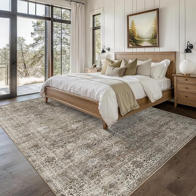 9x12 Washable Area Rug Grey Brown Vintage Rug for Living Room Bedroom Low Pile Soft Non-Slip Boho Rug for Under Table Boho Distressed Retro Carpet for Bedroom Kitchen Office Dining