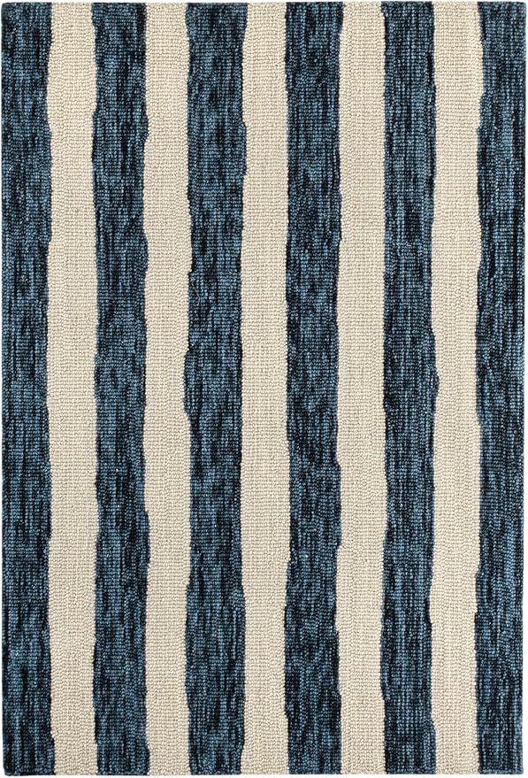 Dash & Albert Silas Stripe Navy Hand Micro Hooked Wool Rug, 5 X 8 Feet, Blue Stripe Pattern - Premium Luxury Hotel Quality Soft Breathable Hypoallergenic Machine Washable Easy Care All Season
