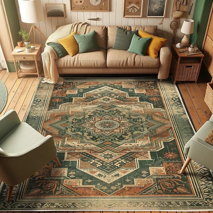 Ambesonne Oriental Boho Decorative Rug, Bohemian Flowery Mandala with Abstract Geometric Details Print, Quality Carpet for Bedroom Dorm and Living Room, 2' 5" x 5', Hunter Green Peach