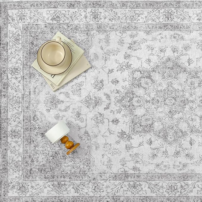 Gray Area Rug 5x8 Washable Living Room Carpet Vintage Non Slip Soft Bedroom Indoor Office Retro Grey Low Pile Thin Oriental Medallion Large Rug for Dining Room Bathroom Kitchen