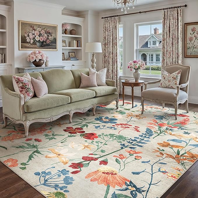 Beige Area Rug 8x10 Floral Washable Living Room Kitchen Boho Carpet Non Slip Low Pile Indoor Accent Lightweight Soft Throw Rug for Bedroom Office Dining Room Nursery Farmhouse