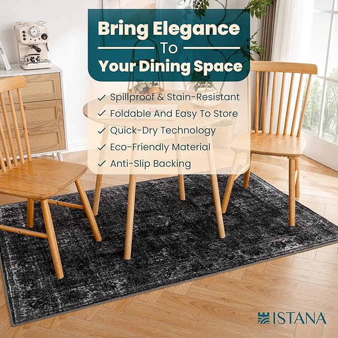 Istana 4x6 Area Rug - Black Rugs for Living Room 4x6 - Foldable Rugs for Bedroom - Stain Resistant Washable Rug - Eco-Friendly Boho Area Rugs - Easy to Clean Living Room Rug 4 x 6